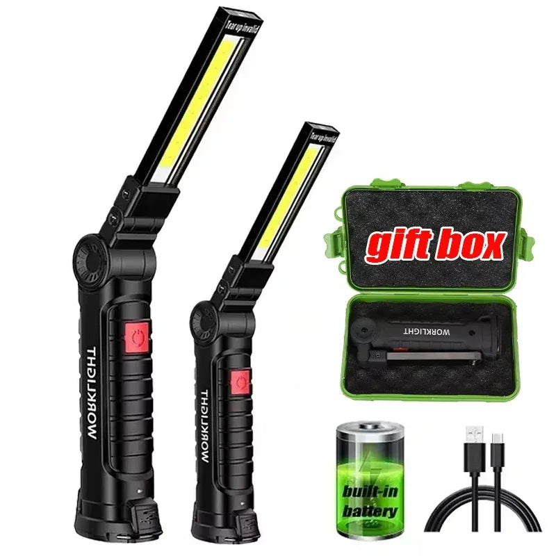 COB LED Work Light Dimmable USB Rechargeable LED Flashlight Inspection Lamp With Magnetic Hook Power Bank 18650 Battery Torch