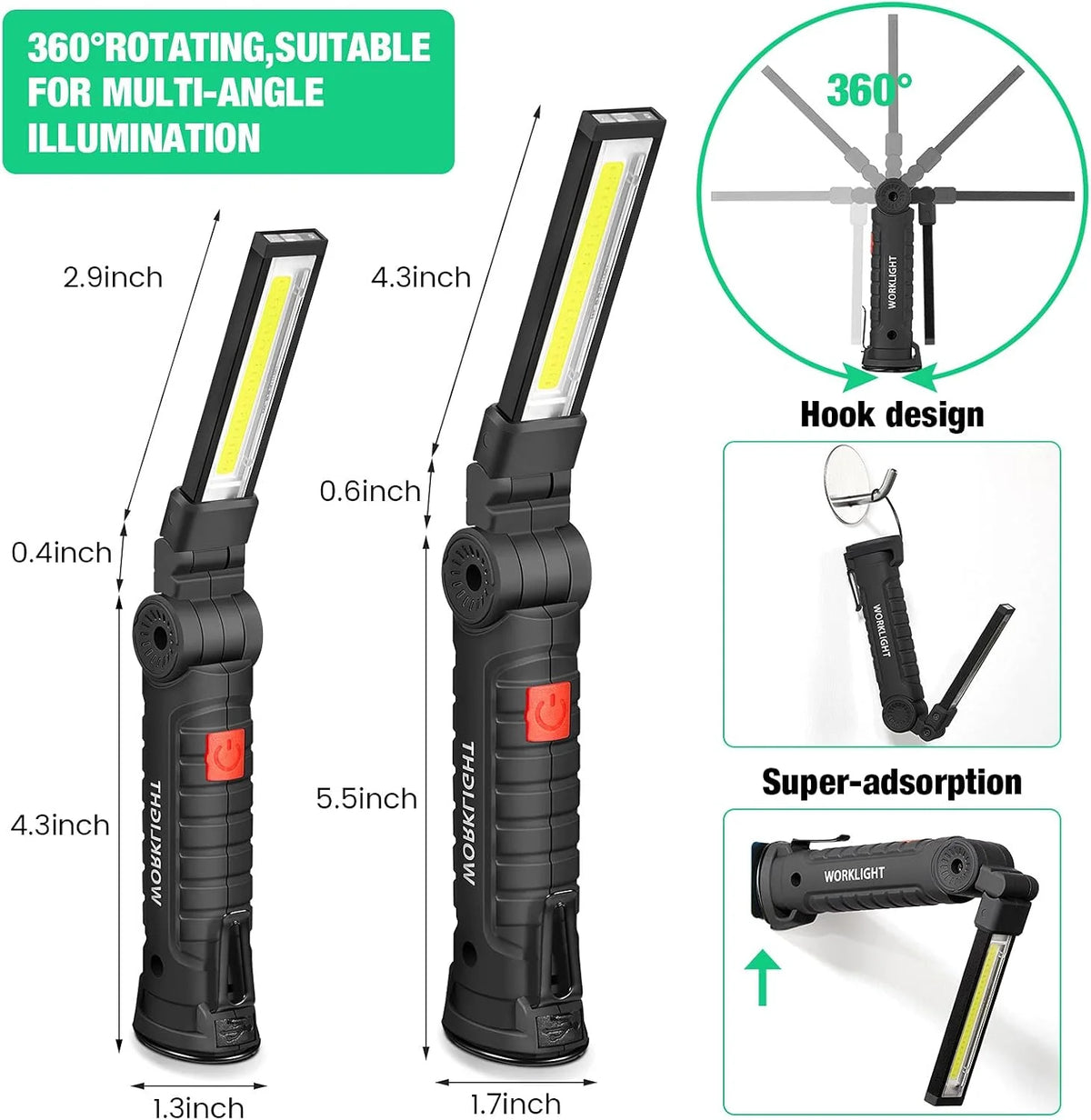COB LED Work Light Dimmable USB Rechargeable LED Flashlight Inspection Lamp With Magnetic Hook Power Bank 18650 Battery Torch
